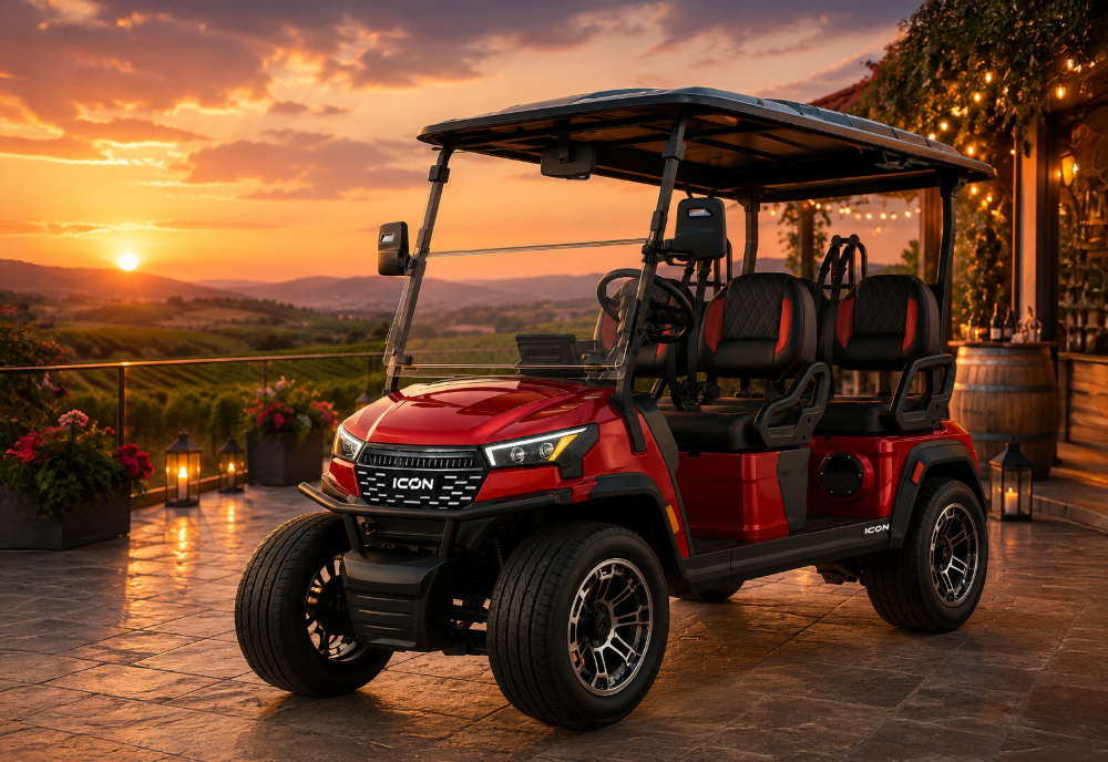 Red ODBP golf cart at sunset