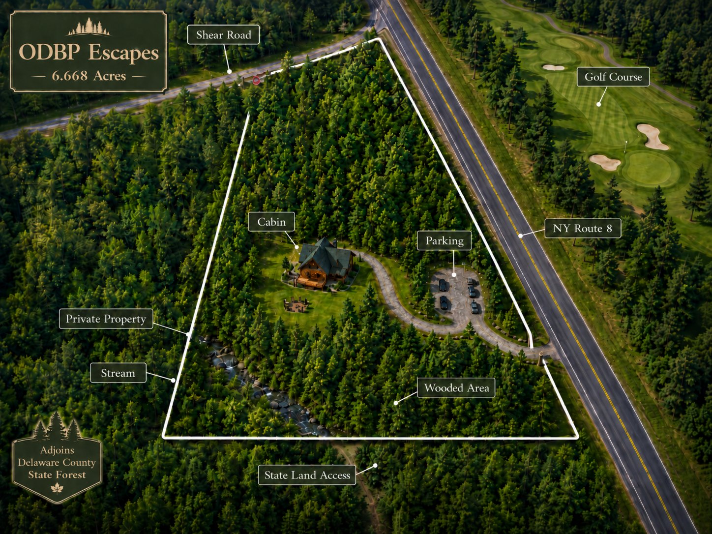 ODBP property map showing cabin, stream, parking, road and surrounding land